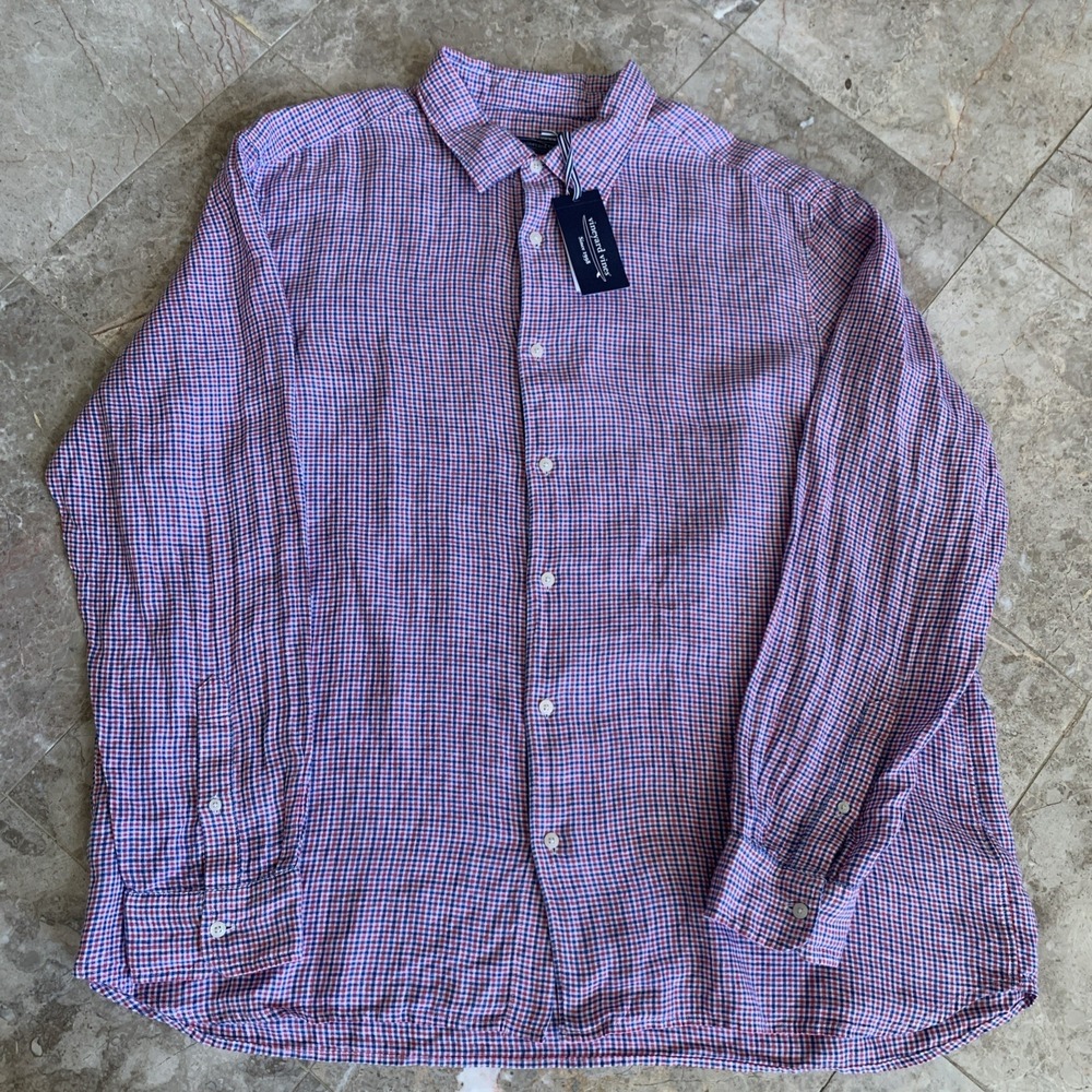 Vineyard Vines 100% Linen Tattersall Mens XXL Button Up Shirt Blue Pink Check